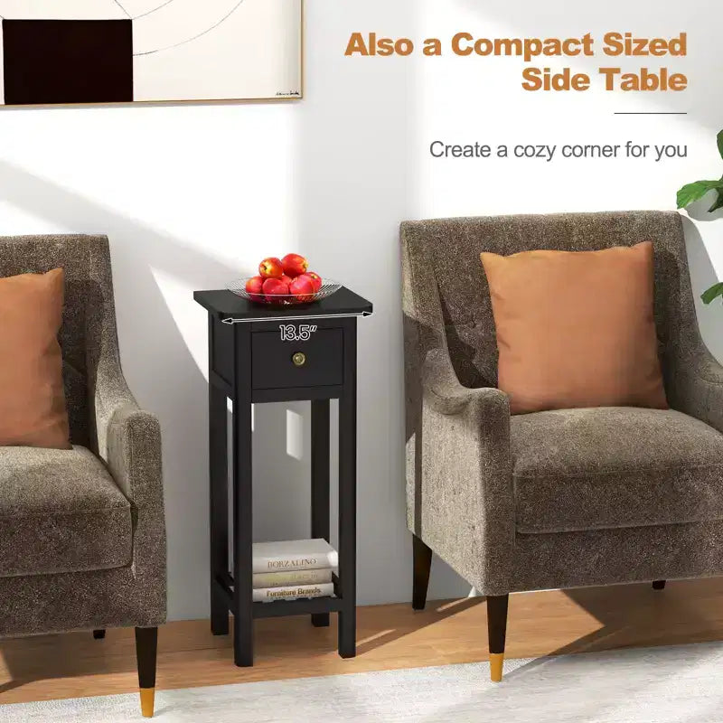 Costway 2PCS Solid Wood Side Table Telephone Table with Drawer & Open Shelf for Living Room