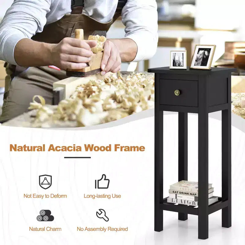 Costway 2PCS Solid Wood Side Table Telephone Table with Drawer & Open Shelf for Living Room