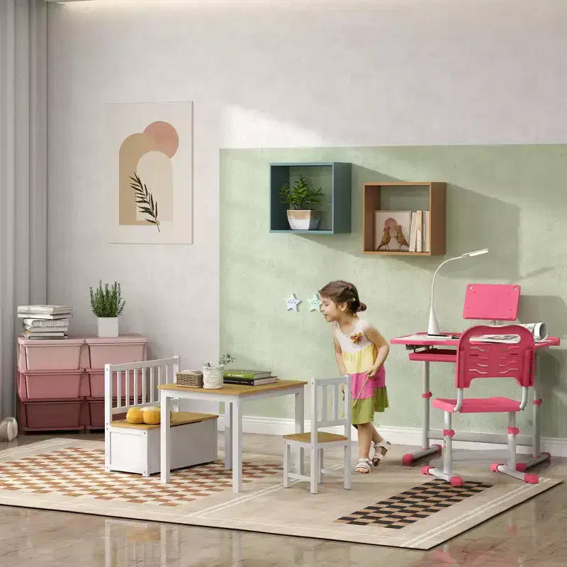 Qaba 4-Piece Kids Table Set with 2 Wooden Chairs, 1 Storage Bench, and Interesting Modern Design