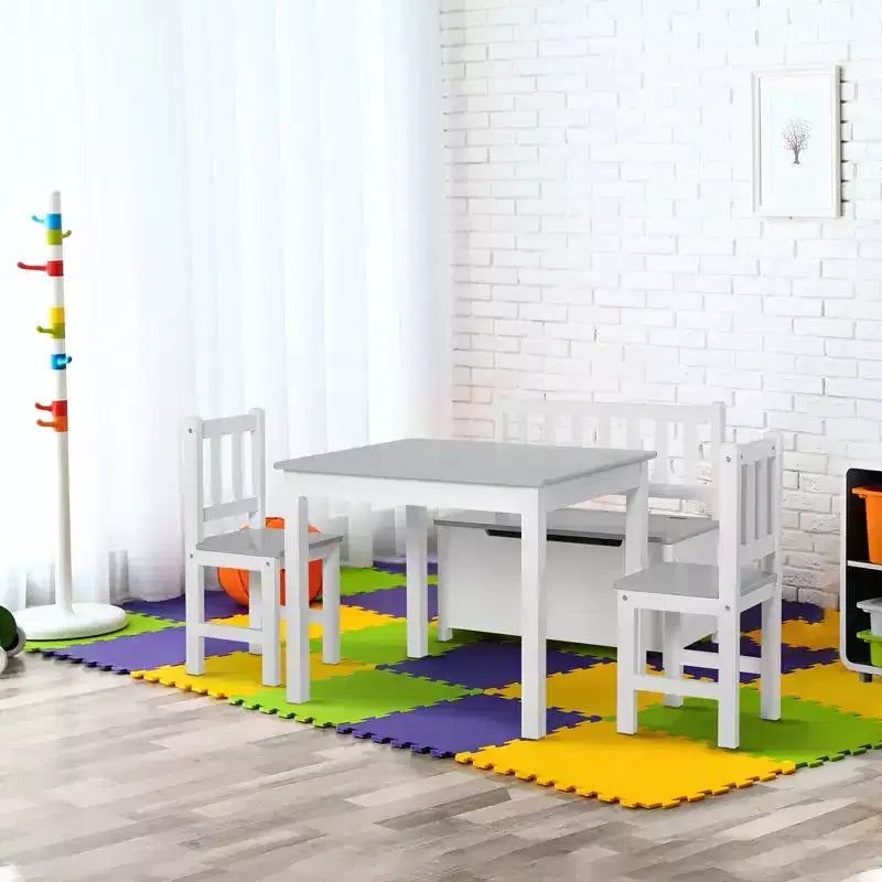 Qaba 4-Piece Kids Table Set with 2 Wooden Chairs, 1 Storage Bench, and Interesting Modern Design
