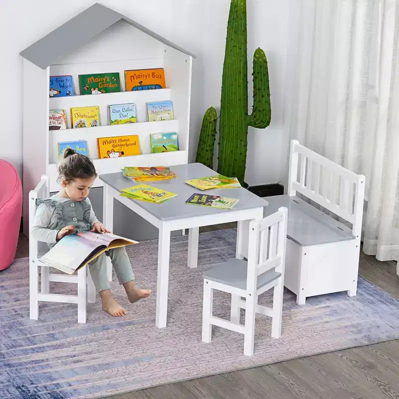 Qaba 4-Piece Kids Table Set with 2 Wooden Chairs, 1 Storage Bench, and Interesting Modern Design