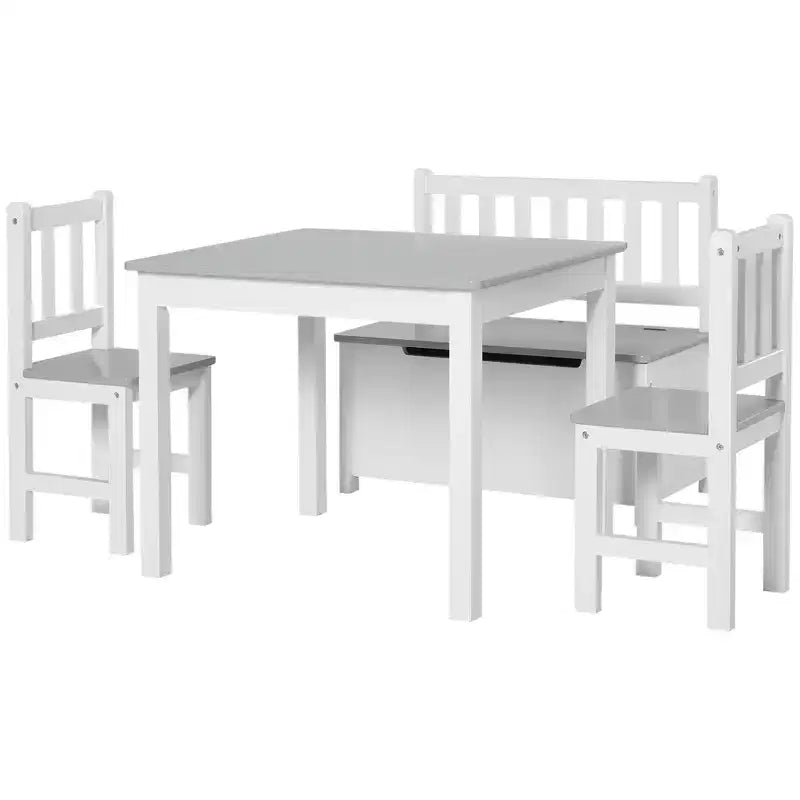 Qaba 4-Piece Kids Table Set with 2 Wooden Chairs, 1 Storage Bench, and Interesting Modern Design