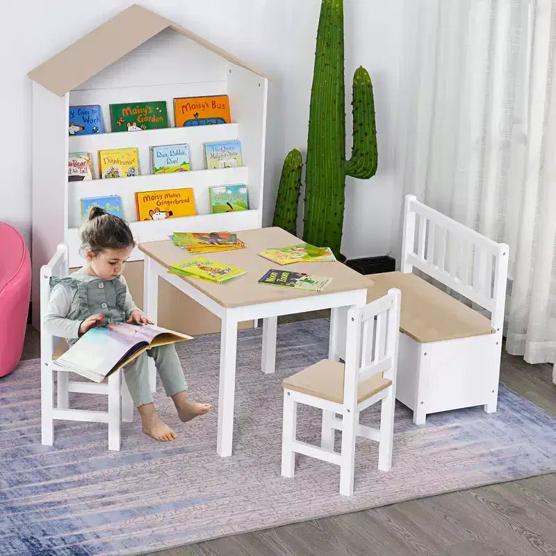 Qaba 4-Piece Kids Table Set with 2 Wooden Chairs, 1 Storage Bench, and Interesting Modern Design
