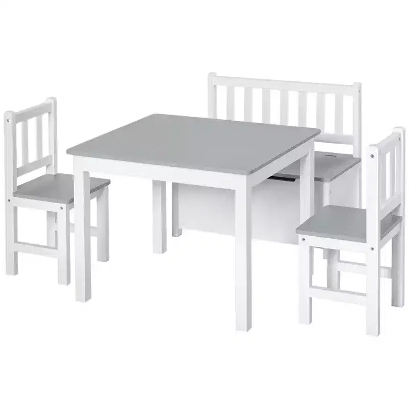 Qaba 4-Piece Kids Table Set with 2 Wooden Chairs, 1 Storage Bench, and Interesting Modern Design