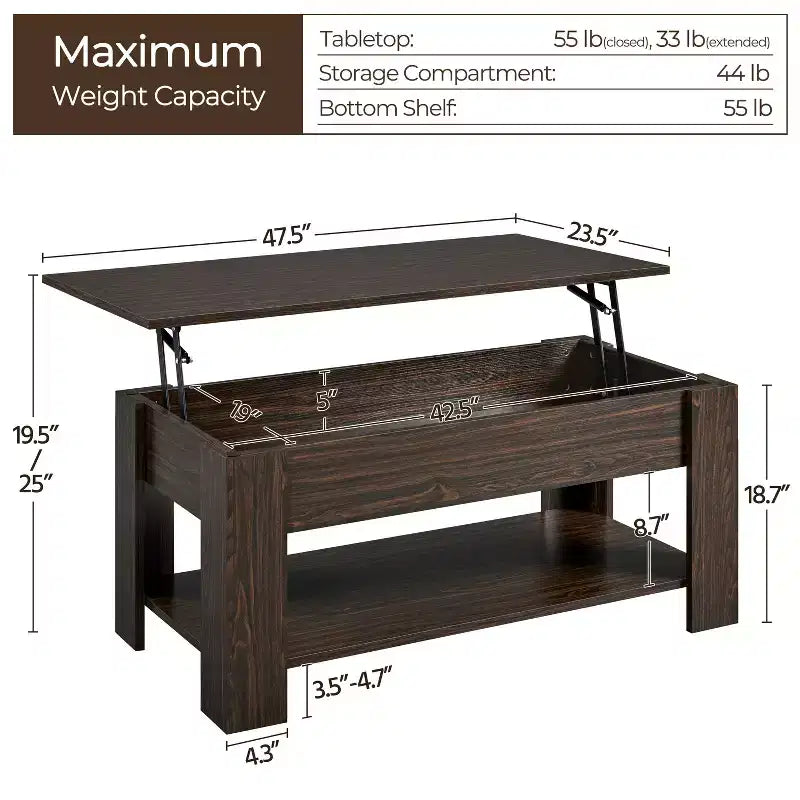 Table basse relevable Yaheetech avec compartiment caché et étagère ouverte pour salon