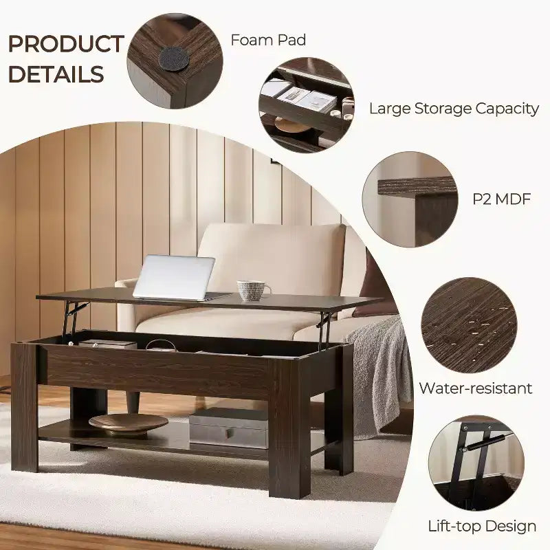 Table basse relevable Yaheetech avec compartiment caché et étagère ouverte pour salon