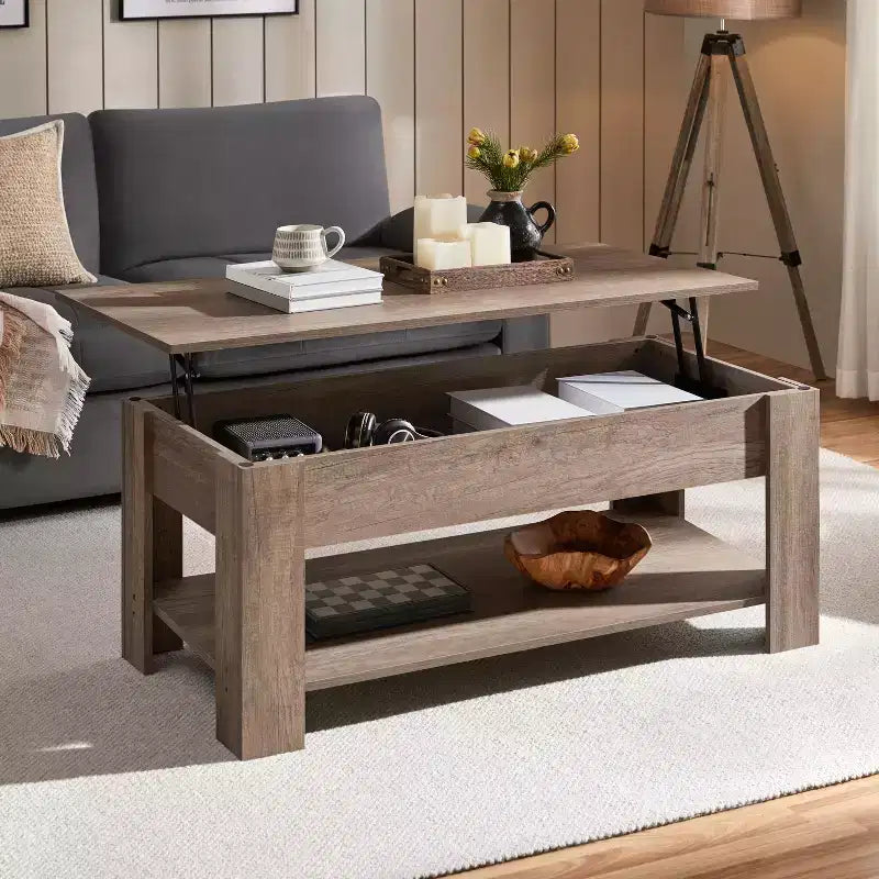 Table basse relevable Yaheetech avec compartiment caché et étagère ouverte pour salon