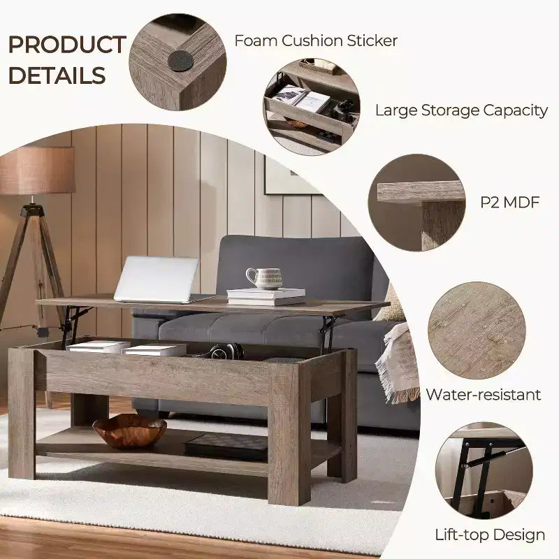 Table basse relevable Yaheetech avec compartiment caché et étagère ouverte pour salon