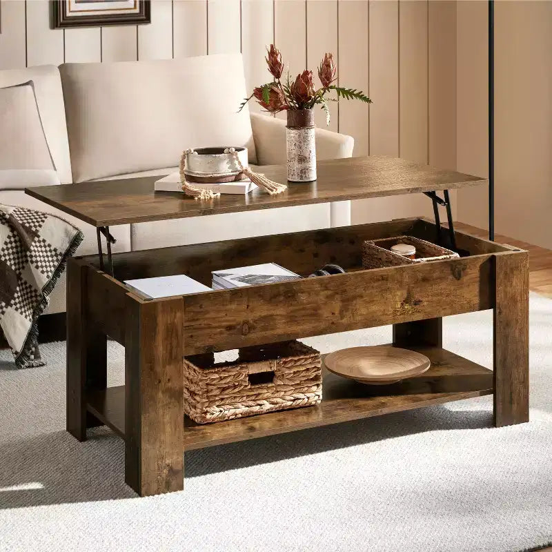Table basse relevable Yaheetech avec compartiment caché et étagère ouverte pour salon
