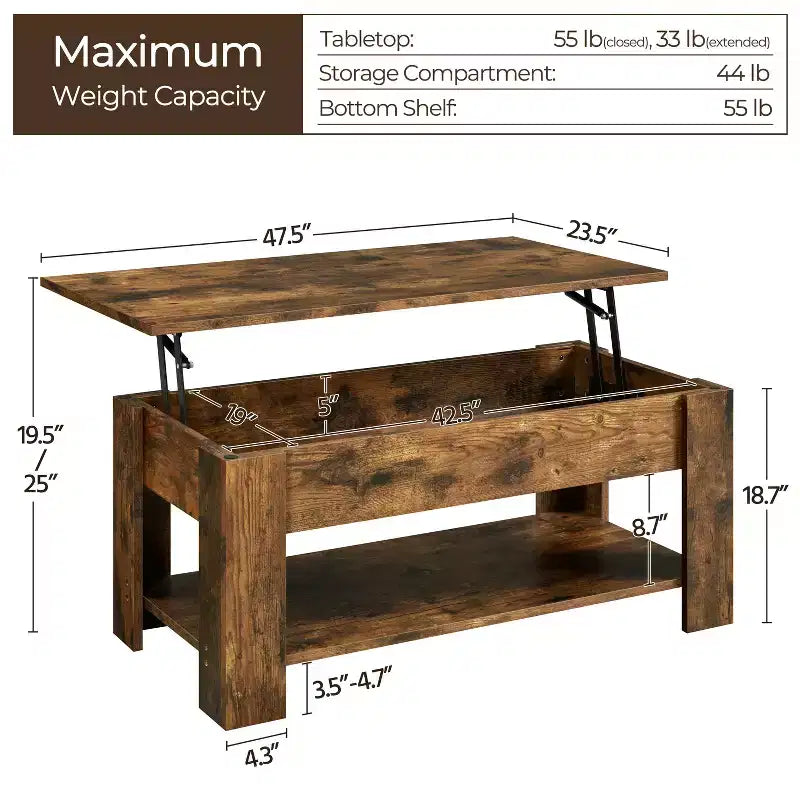 Table basse relevable Yaheetech avec compartiment caché et étagère ouverte pour salon