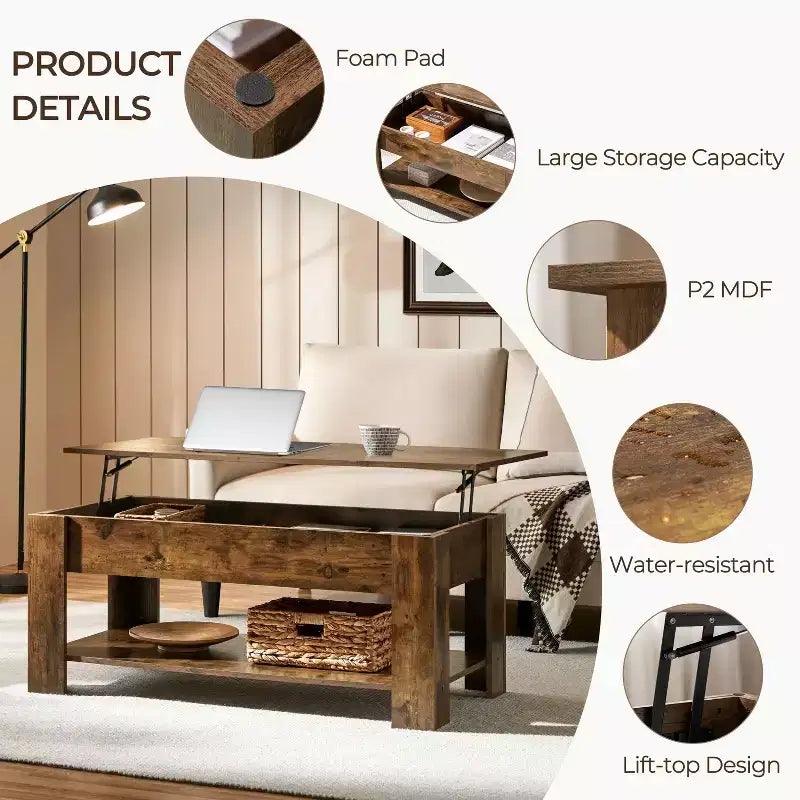 Table basse relevable Yaheetech avec compartiment caché et étagère ouverte pour salon