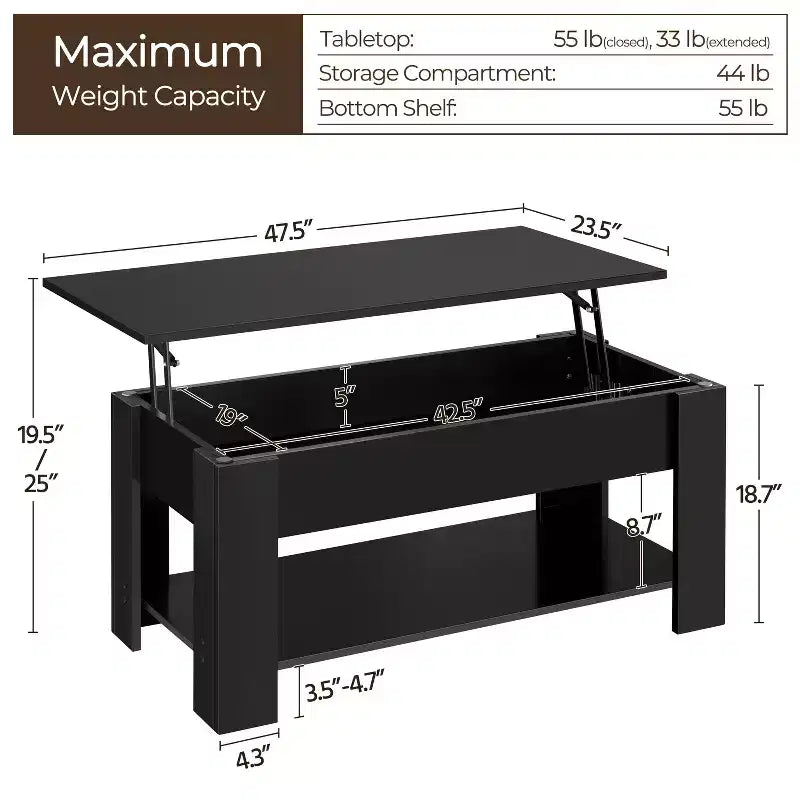 Table basse relevable Yaheetech avec compartiment caché et étagère ouverte pour salon