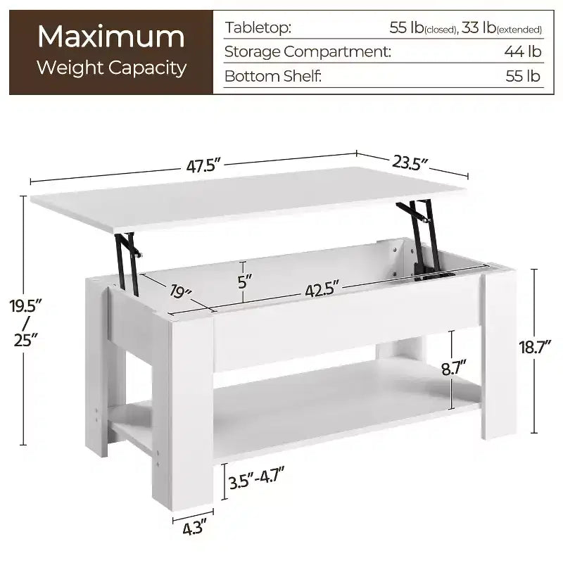 Table basse relevable Yaheetech avec compartiment caché et étagère ouverte pour salon