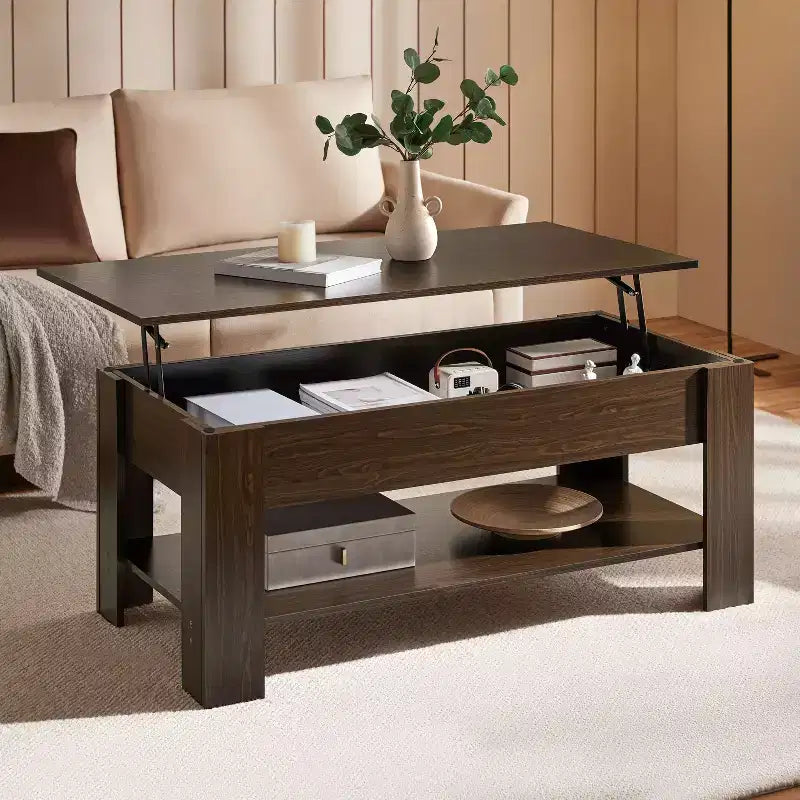 Table basse relevable Yaheetech avec compartiment caché et étagère ouverte pour salon