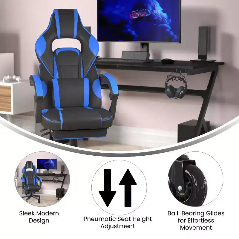 Flash Furniture X40 Gaming Chair Racing Computer Chair with Fully Reclining Back/Arms and Transparent Roller Wheels, Slide-Out Footrest