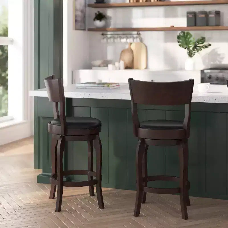 Tabouret de bar pivotant Merrick Lane 24, classique, en bois, avec dossier ouvert, hauteur de comptoir, siège rembourré en tissu et repose-pieds intégré