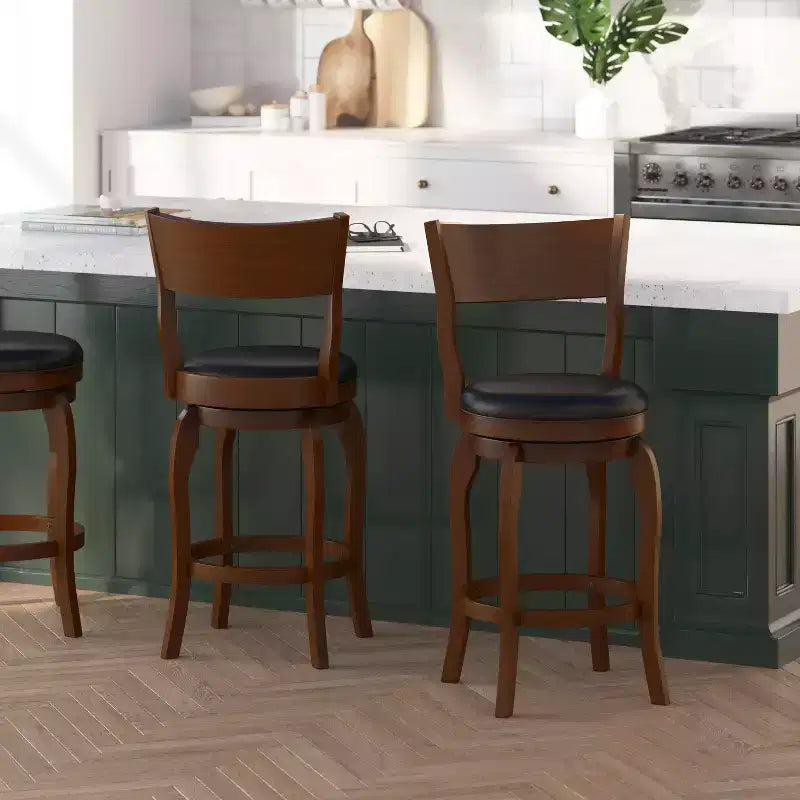 Tabouret de bar pivotant Merrick Lane 24, classique, en bois, avec dossier ouvert, hauteur de comptoir, siège rembourré en tissu et repose-pieds intégré