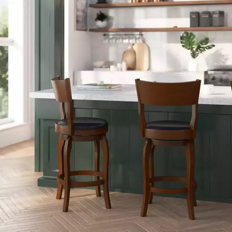 Tabouret de bar pivotant Merrick Lane 24, classique, en bois, avec dossier ouvert, hauteur de comptoir, siège rembourré en tissu et repose-pieds intégré