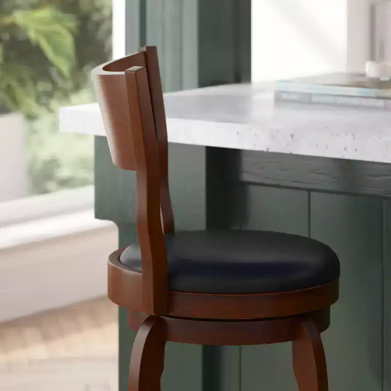 Tabouret de bar pivotant Merrick Lane 24, classique, en bois, avec dossier ouvert, hauteur de comptoir, siège rembourré en tissu et repose-pieds intégré