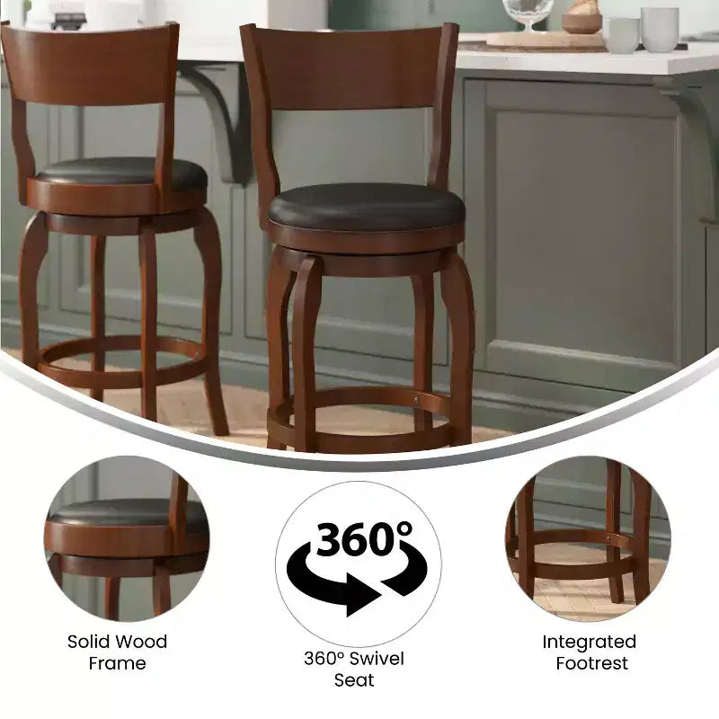 Tabouret de bar pivotant Merrick Lane 24, classique, en bois, avec dossier ouvert, hauteur de comptoir, siège rembourré en tissu et repose-pieds intégré