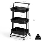 Chariot roulant à 3 niveaux Costway avec roues, poignée pratique et panier de rangement en ABS noir