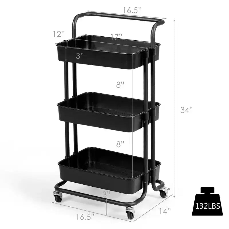 Chariot roulant à 3 niveaux Costway avec roues, poignée pratique et panier de rangement en ABS noir