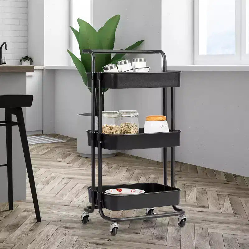Chariot roulant à 3 niveaux Costway avec roues, poignée pratique et panier de rangement en ABS noir