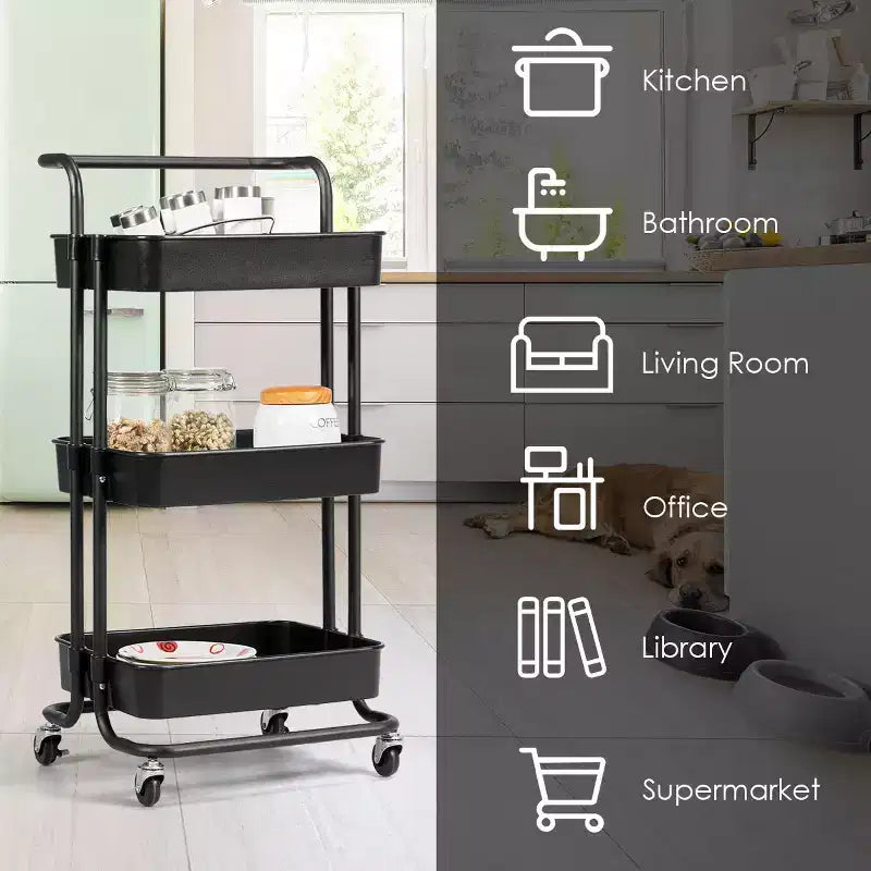 Chariot roulant à 3 niveaux Costway avec roues, poignée pratique et panier de rangement en ABS noir