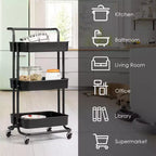 Chariot roulant à 3 niveaux Costway avec roues, poignée pratique et panier de rangement en ABS noir