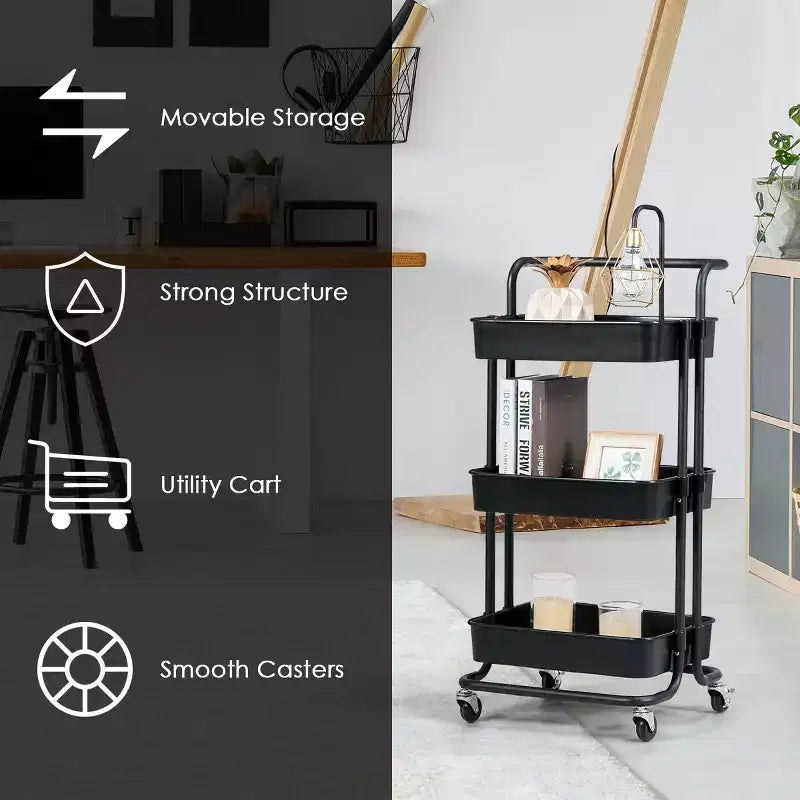 Chariot roulant à 3 niveaux Costway avec roues, poignée pratique et panier de rangement en ABS noir