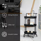 Chariot roulant à 3 niveaux Costway avec roues, poignée pratique et panier de rangement en ABS noir