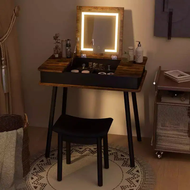 Coiffeuse Costway avec miroir rabattable, lumières, port USB, tabouret rembourré et bureau d'écriture