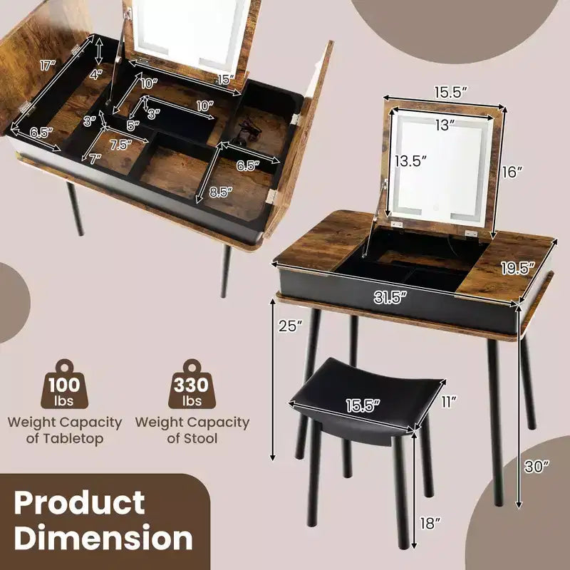 Coiffeuse Costway avec miroir rabattable, lumières, port USB, tabouret rembourré et bureau d'écriture