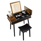 Coiffeuse Costway avec miroir rabattable, lumières, port USB, tabouret rembourré et bureau d'écriture