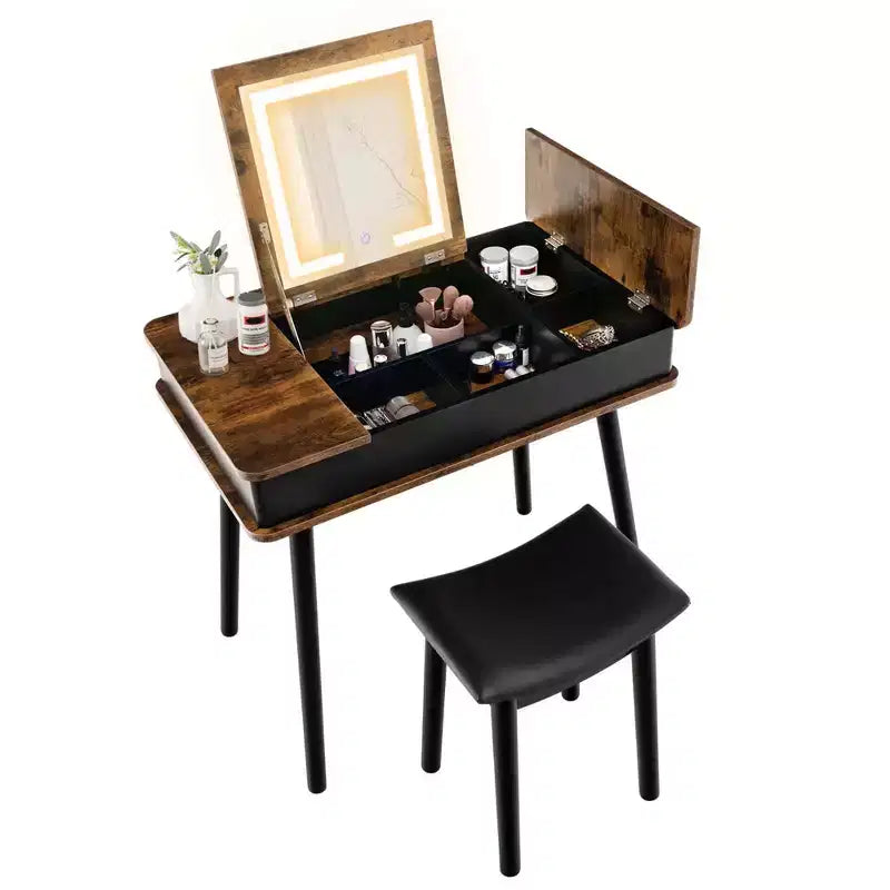Coiffeuse Costway avec miroir rabattable, lumières, port USB, tabouret rembourré et bureau d'écriture