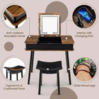 Coiffeuse Costway avec miroir rabattable, lumières, port USB, tabouret rembourré et bureau d'écriture