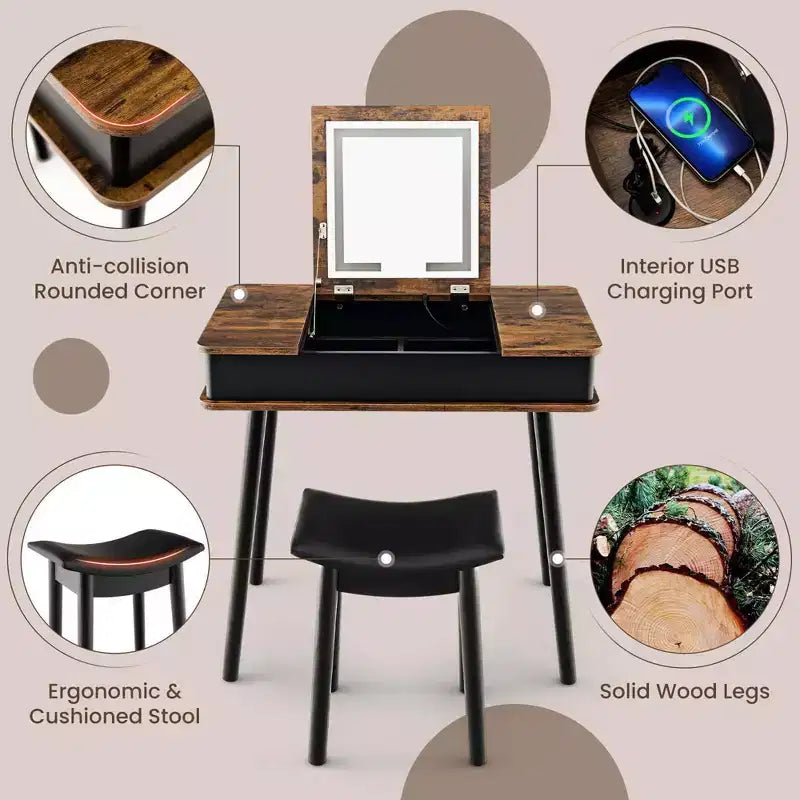 Coiffeuse Costway avec miroir rabattable, lumières, port USB, tabouret rembourré et bureau d'écriture