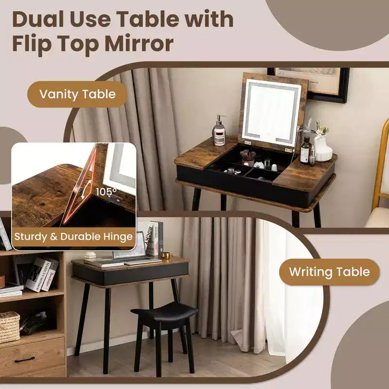 Coiffeuse Costway avec miroir rabattable, lumières, port USB, tabouret rembourré et bureau d'écriture