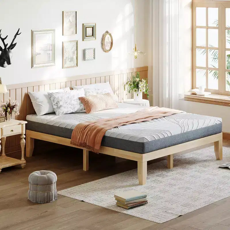Costway Cadre de Lit en Bois Taille Queen & Ensemble Matelas en Mousse à Mémoire de Forme 8" Certifié CertiPUR-US