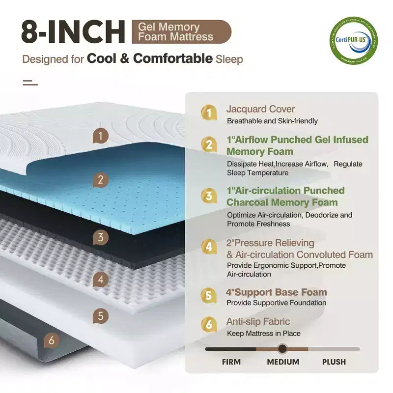 Costway Cadre de Lit en Bois Taille Queen & Ensemble Matelas en Mousse à Mémoire de Forme 8" Certifié CertiPUR-US