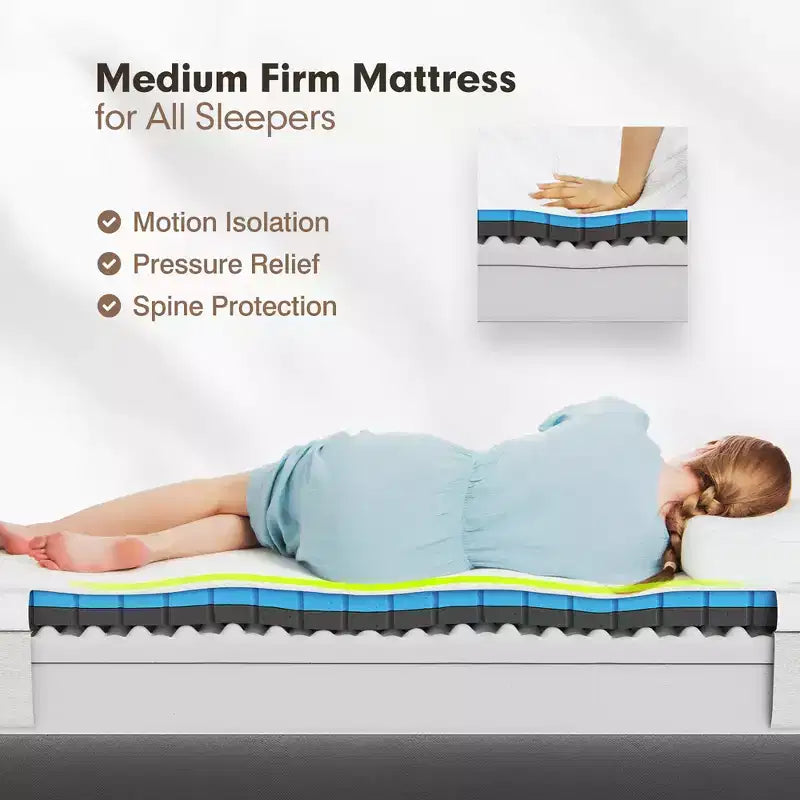 Costway Cadre de Lit en Bois Taille Queen & Ensemble Matelas en Mousse à Mémoire de Forme 8" Certifié CertiPUR-US