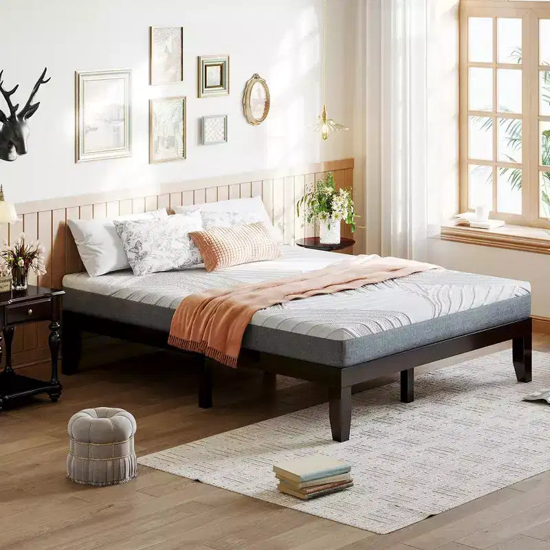 Costway Cadre de Lit en Bois Taille Queen & Ensemble Matelas en Mousse à Mémoire de Forme 8" Certifié CertiPUR-US