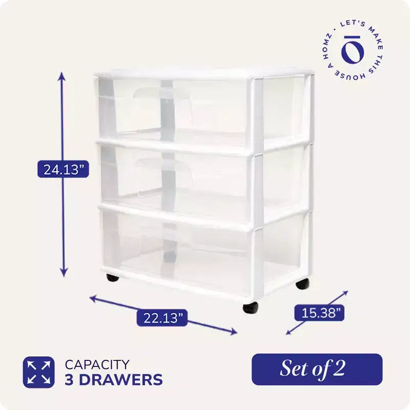 Tour de rangement Homz en plastique à 3 tiroirs transparents, petite, à roulettes, blanche, paquet de 2