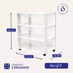 Tour de rangement Homz en plastique à 3 tiroirs transparents, petite, à roulettes, blanche, paquet de 2