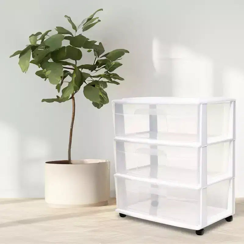 Tour de rangement Homz en plastique à 3 tiroirs transparents, petite, à roulettes, blanche, paquet de 2
