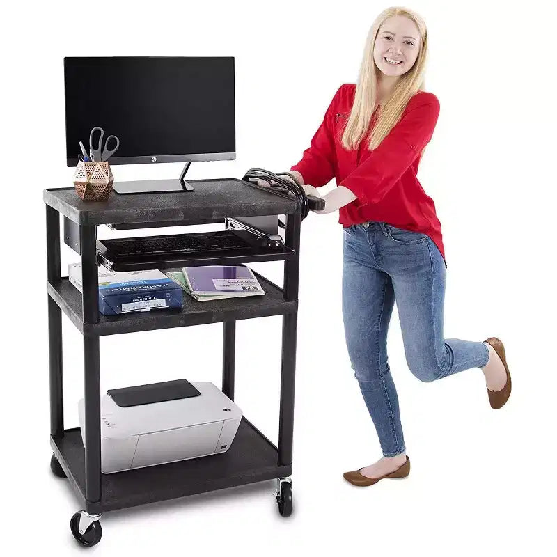 Chariot AV en plastique Stand Steady Line Leader avec plateau à clavier | Poste de travail mobile - Noir
