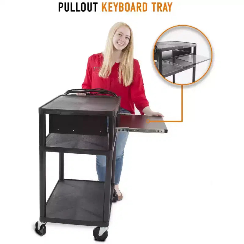 Chariot AV en plastique Stand Steady Line Leader avec plateau à clavier | Poste de travail mobile - Noir