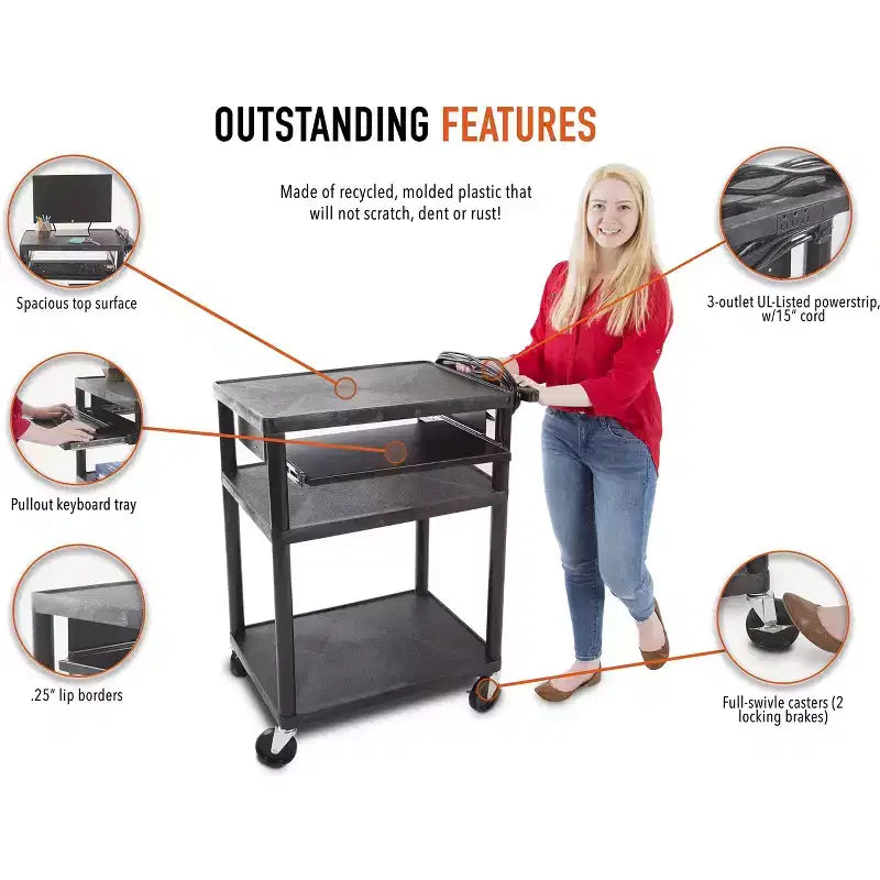 Chariot AV en plastique Stand Steady Line Leader avec plateau à clavier | Poste de travail mobile - Noir