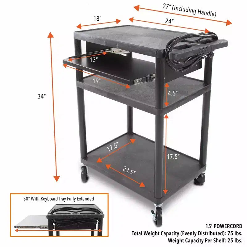 Chariot AV en plastique Stand Steady Line Leader avec plateau à clavier | Poste de travail mobile - Noir