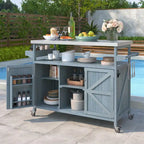 Outdoor Kitchen Island, Rolling Bar Cart & Storage Cabinet,Solid Wood Grill Table with Stainless Steel Top,Spice Rack,Towel Rack